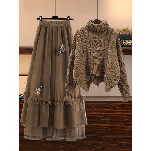 高領麻花毛衣女秋季新款寬松顯瘦韓版設計感小衆高腰半身裙兩件套