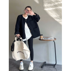 MAY MUZIYA復古黑色針織毛衣外套開衫女2025春秋季圓領慵懶風外套