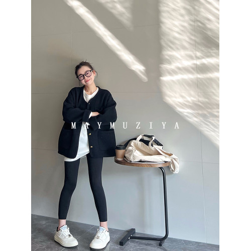 MAY MUZIYA復古黑色針織毛衣外套開衫女2025春秋季圓領慵懶風外套