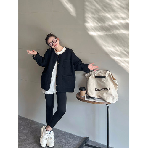 MAY MUZIYA復古黑色針織毛衣外套開衫女2025春秋季圓領慵懶風外套