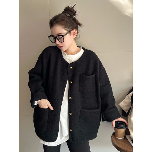 MAY MUZIYA復古黑色針織毛衣外套開衫女2025春秋季圓領慵懶風外套