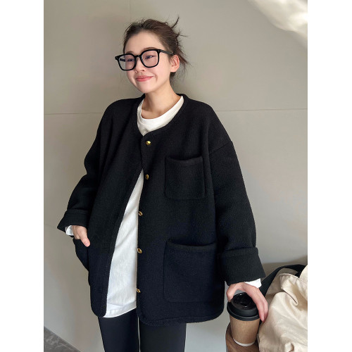 MAY MUZIYA復古黑色針織毛衣外套開衫女2025春秋季圓領慵懶風外套