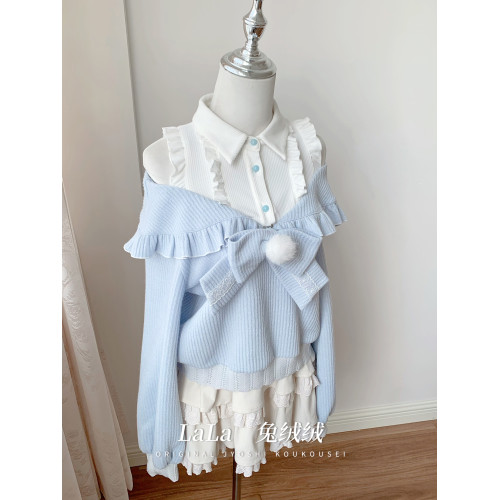 啦啦醬 兔絨絨 原創設計奈奈風水色甜美可愛風百搭秋冬款露肩毛衣