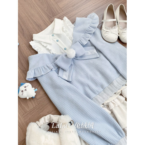 啦啦醬 兔絨絨 原創設計奈奈風水色甜美可愛風百搭秋冬款露肩毛衣