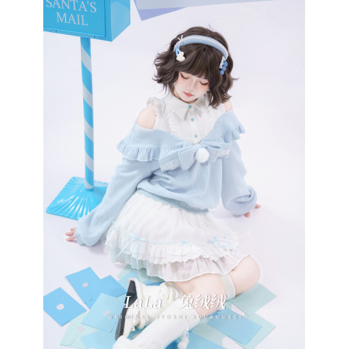 啦啦醬 兔絨絨 原創設計奈奈風水色甜美可愛風百搭秋冬款露肩毛衣