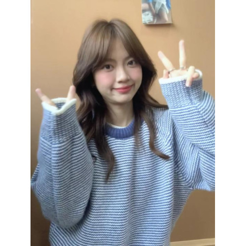 韓系復古撞色條紋藍色毛衣女秋冬寬松慵懶高級感休閒加厚針織上衣