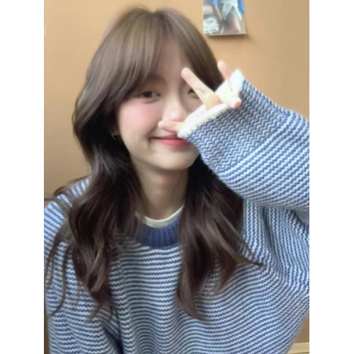 韓系復古撞色條紋藍色毛衣女秋冬寬松慵懶高級感休閒加厚針織上衣