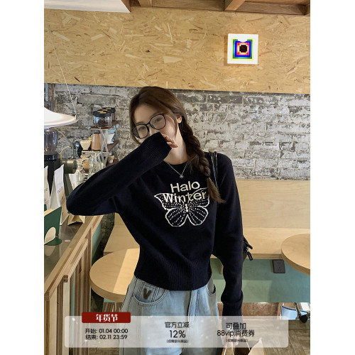 烏77設計感蝴蝶提花圓領毛衣女春內搭修身打底衫短款針織休閒上衣