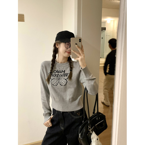 烏77設計感蝴蝶提花圓領毛衣女春內搭修身打底衫短款針織休閒上衣