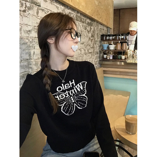 烏77設計感蝴蝶提花圓領毛衣女春內搭修身打底衫短款針織休閒上衣