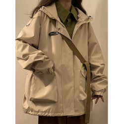 卡其色連帽沖鋒衣女秋季新款大碼300斤設計感大口袋顯瘦工裝外套