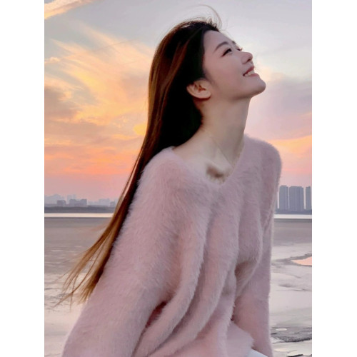 粉色毛衣女秋冬 慵懶風寬松軟糯V領套頭水貂絨溫柔氛圍感針織衫厚