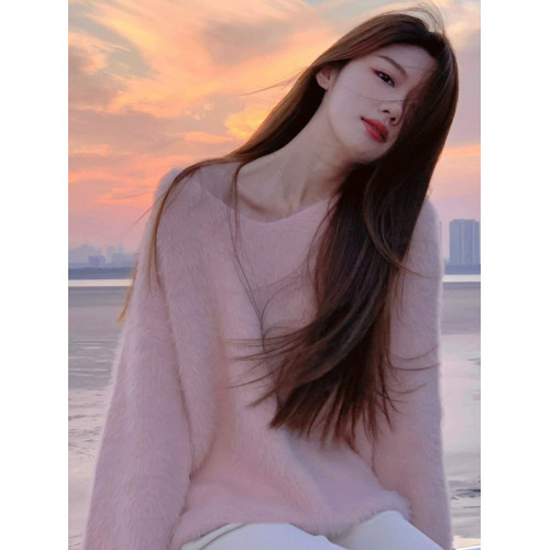 粉色毛衣女秋冬 慵懶風寬松軟糯V領套頭水貂絨溫柔氛圍感針織衫厚