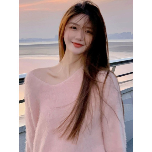 粉色毛衣女秋冬 慵懶風寬松軟糯V領套頭水貂絨溫柔氛圍感針織衫厚