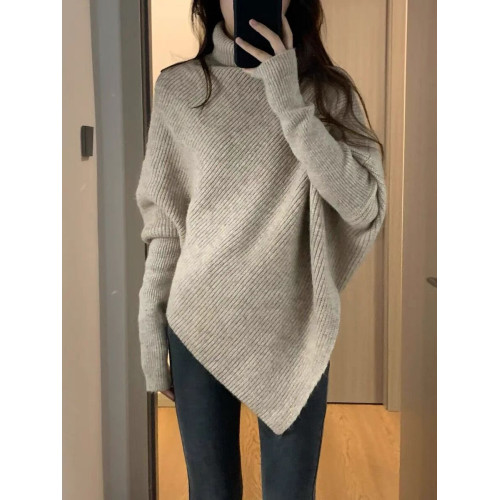 不規則設計感高領毛衣女秋冬季寬松百搭小衆慵懶風軟糯針織衫上衣