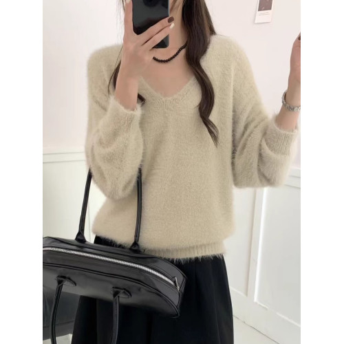 復古咖色V領水貂絨套頭毛衣女秋冬高級感寬松慵懶軟糯針織衫上衣