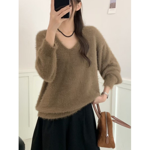 復古咖色V領水貂絨套頭毛衣女秋冬高級感寬松慵懶軟糯針織衫上衣