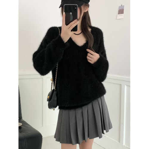 復古咖色V領水貂絨套頭毛衣女秋冬高級感寬松慵懶軟糯針織衫上衣