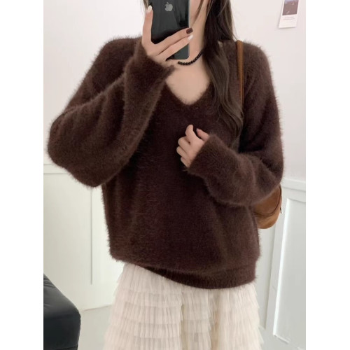 復古咖色V領水貂絨套頭毛衣女秋冬高級感寬松慵懶軟糯針織衫上衣