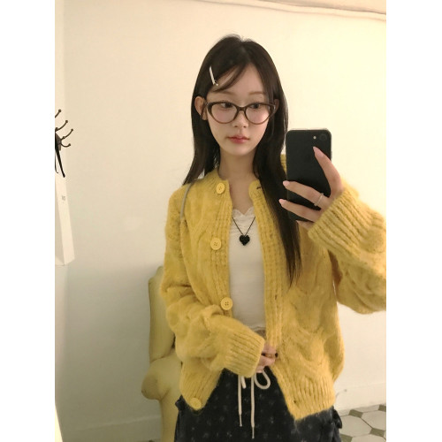 Up and on 復古百搭純色韓女溫柔慵懶軟糯麻花針織短開衫毛衣外套