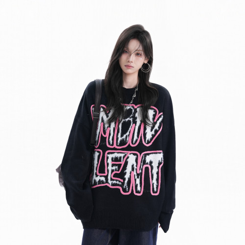 【坐吃山空】美式復古破壞感圓領毛衣女秋季慵懶風寬松潮牌針織衫