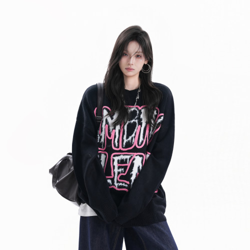 【坐吃山空】美式復古破壞感圓領毛衣女秋季慵懶風寬松潮牌針織衫