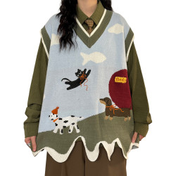 UATONLINE秋季童趣可愛不規則針織衫馬甲曡穿毛衣套頭無袖背心女