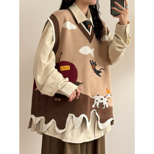 UATONLINE秋季童趣可愛不規則針織衫馬甲曡穿毛衣套頭無袖背心女