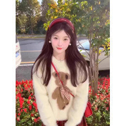 甜美軟糯奶fufu馬海毛小熊毛衣女套頭加厚小個子內搭針織秋冬上衣