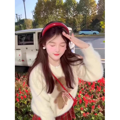 甜美軟糯奶fufu馬海毛小熊毛衣女套頭加厚小個子內搭針織秋冬上衣