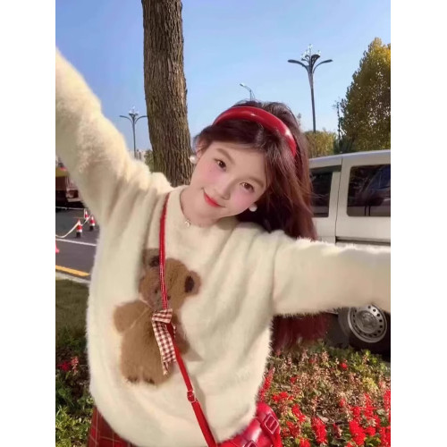 甜美軟糯奶fufu馬海毛小熊毛衣女套頭加厚小個子內搭針織秋冬上衣