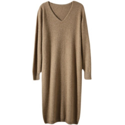 2023冬季新款v領打底毛衣裙女中長款寬松過膝直筒針織加厚連衣裙