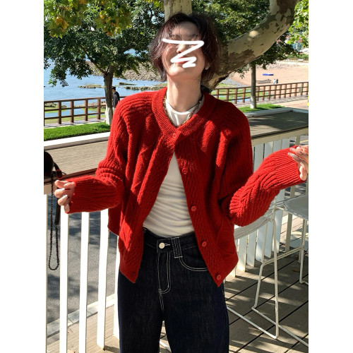 軟糯慵懶風復古紅色毛衣外套女秋冬季2025新款高級感寬松針織開衫