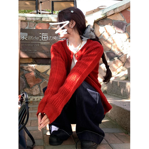 軟糯慵懶風復古紅色毛衣外套女秋冬季2025新款高級感寬松針織開衫
