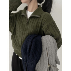 韓國chic秋冬厚實針織上衣女復古麻花半拉鍊慵懶百搭短款毛衣外套