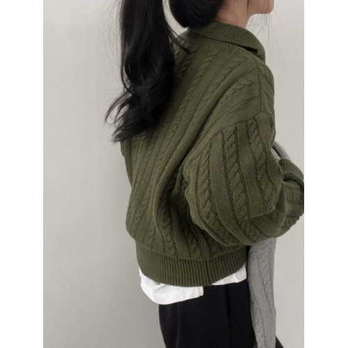 韓國chic秋冬厚實針織上衣女復古麻花半拉鍊慵懶百搭短款毛衣外套