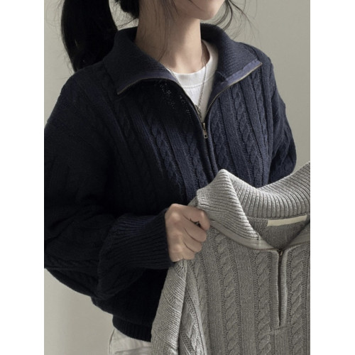 韓國chic秋冬厚實針織上衣女復古麻花半拉鍊慵懶百搭短款毛衣外套