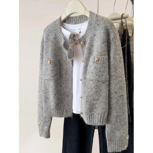 小香風點點正肩毛衣外套女2025早秋裝新款胖mm高級感輕奢針織開衫