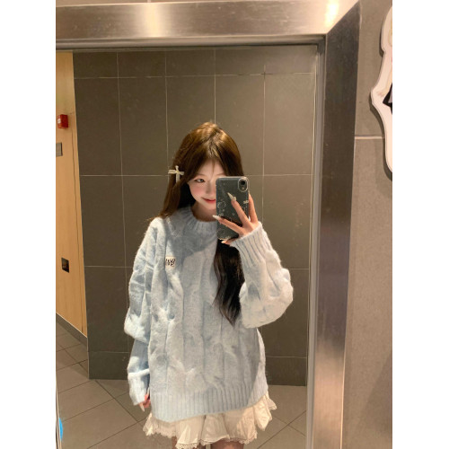 藍色麻花套頭針織毛衣女冬季穿搭慵懶加厚正肩內搭針織衫上衣秋冬