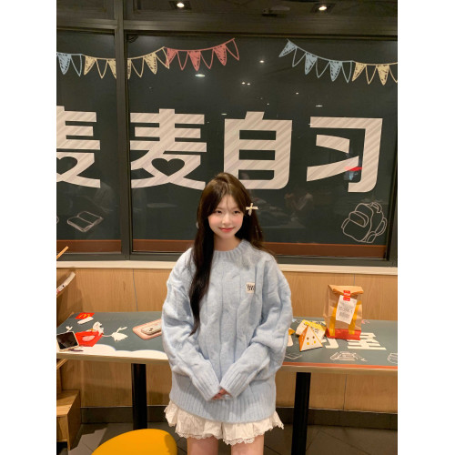 藍色麻花套頭針織毛衣女冬季穿搭慵懶加厚正肩內搭針織衫上衣秋冬