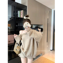 美拉德毛絨拼接斜領露肩毛衣女秋冬獨特慵懶松弛感寬松洋氣針織衫