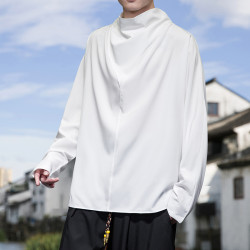 暗黑系山本風小衆半高領長袖T恤男不規則設計新中式男裝寬松打底