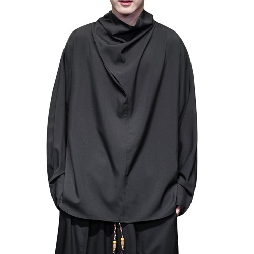 暗黑系山本風小衆半高領長袖T恤男不規則設計新中式男裝寬松打底 暗黑系山本風小衆半高領長袖T恤男不規則設計新中式男裝寬松打底