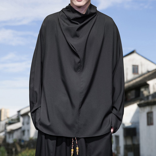 暗黑系山本風小衆半高領長袖T恤男不規則設計新中式男裝寬松打底 暗黑系山本風小衆半高領長袖T恤男不規則設計新中式男裝寬松打底