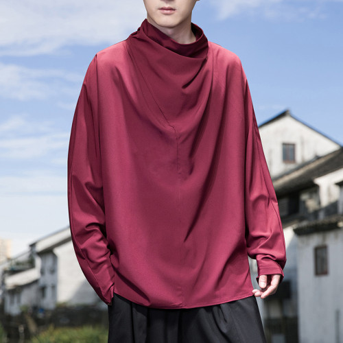 暗黑系山本風小衆半高領長袖T恤男不規則設計新中式男裝寬松打底 暗黑系山本風小衆半高領長袖T恤男不規則設計新中式男裝寬松打底