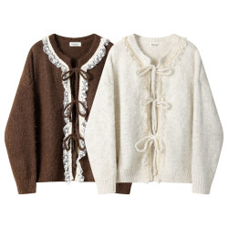 XinmonLee韓系甜美蕾絲拼接溫柔風系帶毛衣開衫秋冬休閒軟糯外套