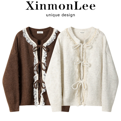 XinmonLee韓系甜美蕾絲拼接溫柔風系帶毛衣開衫秋冬休閒軟糯外套