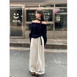 灰色慵懶高級感超好看一字肩掛脖毛衣女秋冬加厚設計感針織衫上衣