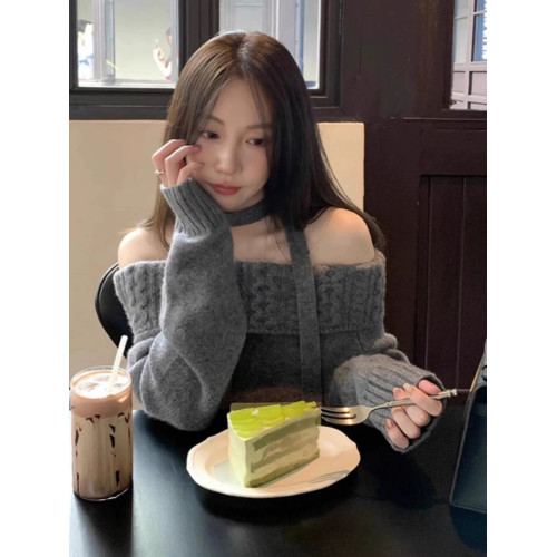 灰色慵懶高級感超好看一字肩掛脖毛衣女秋冬加厚設計感針織衫上衣