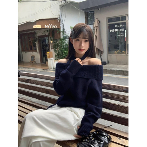 灰色慵懶高級感超好看一字肩掛脖毛衣女秋冬加厚設計感針織衫上衣